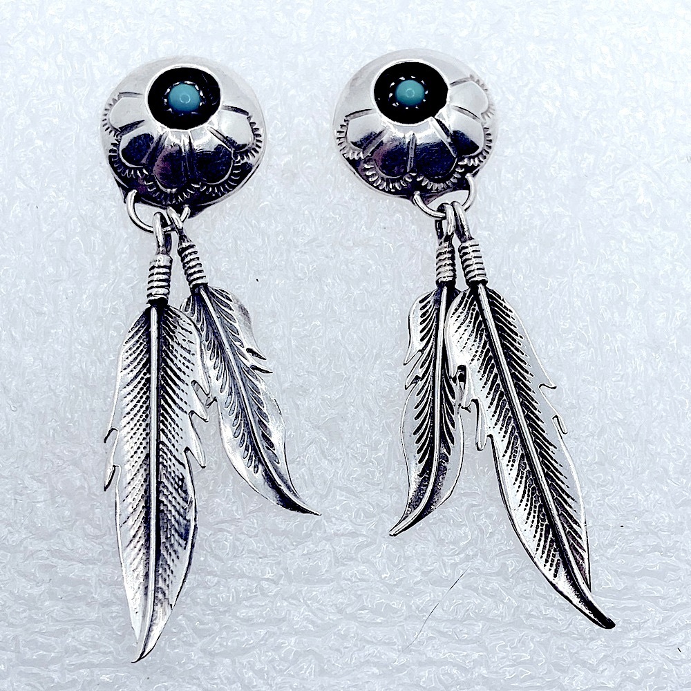 Vtg Navajo Sterling Turquoise Feather Dangle Stud Earrings 2.2”
